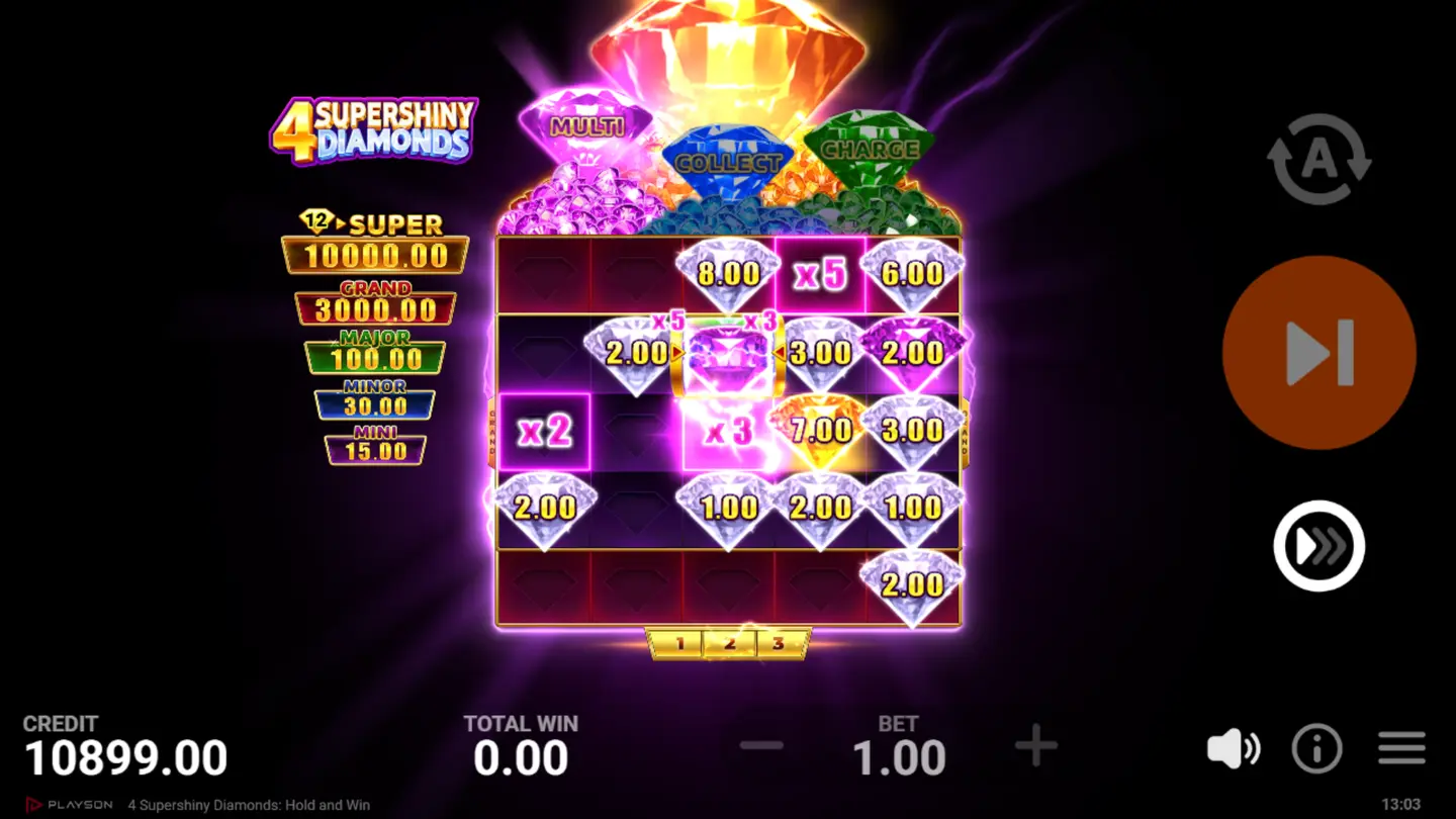 Multi Feature x2, x3 and x5 multipliers placed on grid cells next to Diamond symbols