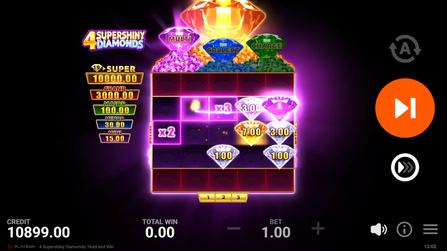 Super Bonus Game expanded 5x5 grid with Super Diamond active above the reels